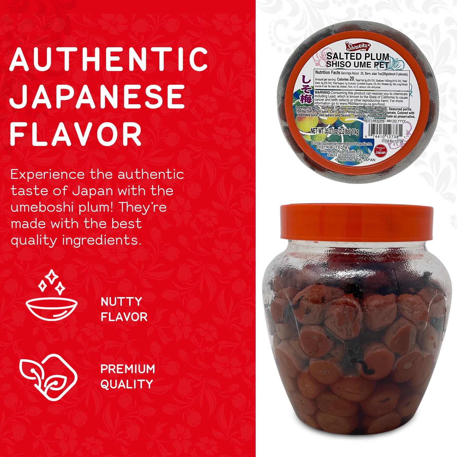 Shirakiku Salted Plums Shiso Ume PET | Japanese Umeboshi Plums for Vinaigrettes, Noodles, Sandwiches, & Rice Balls | High Fructose Syrup, Seasoned Perilla | Pack in 2.2lbs Jar