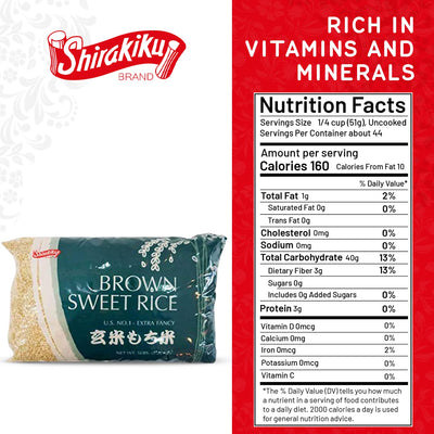 Shirakiku Sweet Brown Rice - Short Grain Japanese Rice with Low Calories and Dietary Fiber - Perfect for Authentic Asian Cuisine | Risotto, Rice Pudding, and Sushi | 5-Pound (Pack of 1)