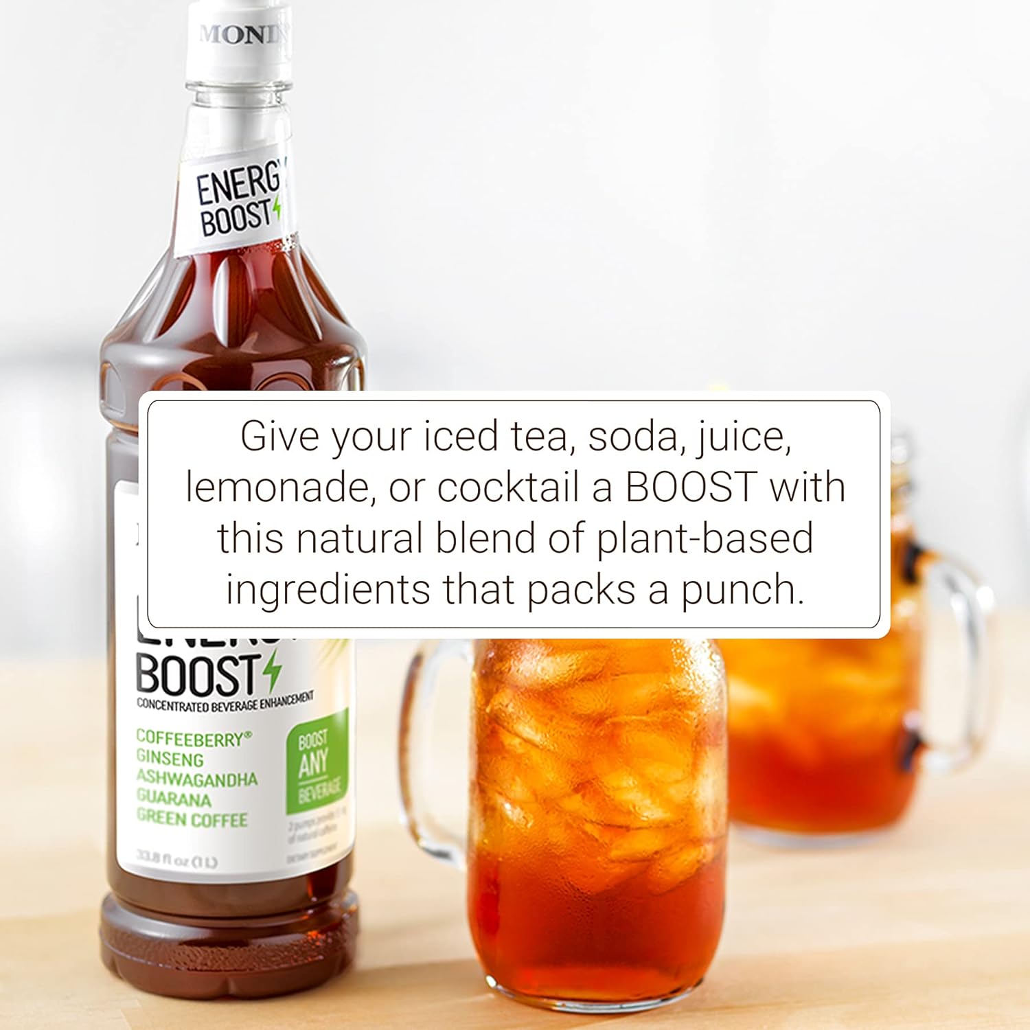 Monin - Energy Boost, Liquid Energy Supplement, Subtle Tea Flavor, Zero Added Sugar, Great for Coffee, Soda, & More, Low-Calorie, Contains Natural Caffeine, Gluten-Free, Clean Label (1 Liter + Pump)