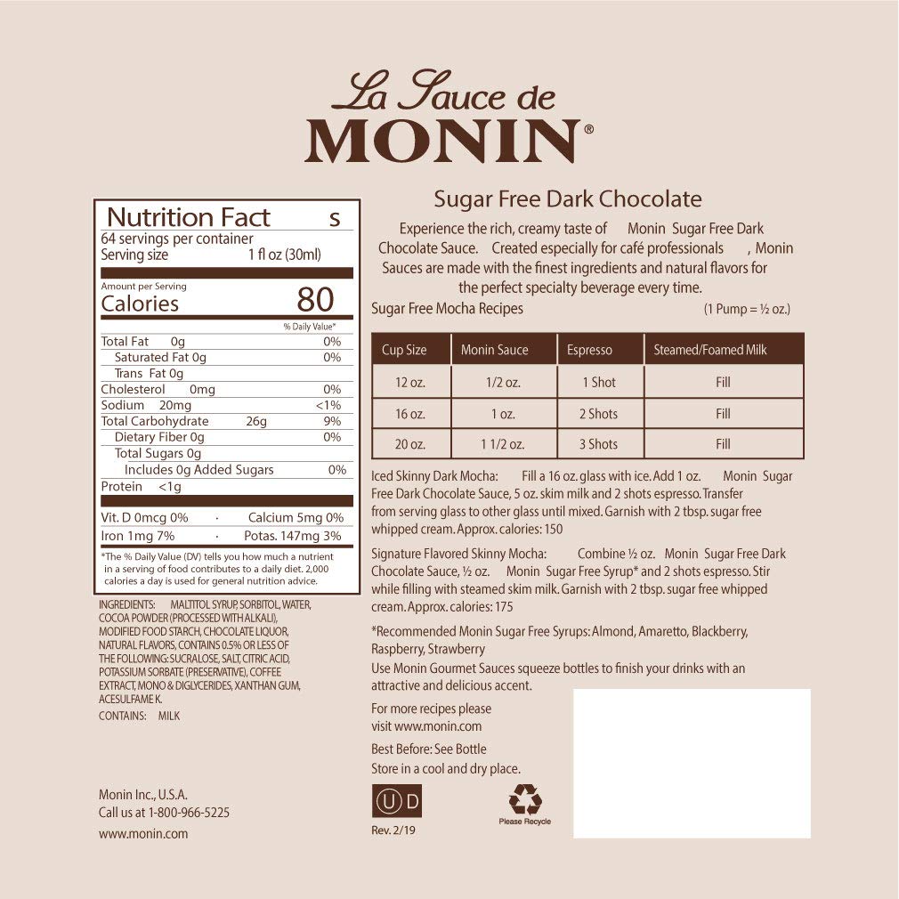 Monin - Sugar Free Dark Chocolate Sauce, Velvety and Rich, Great for Desserts, Coffee, and Snacks, Gluten-Free (64 Ounce)