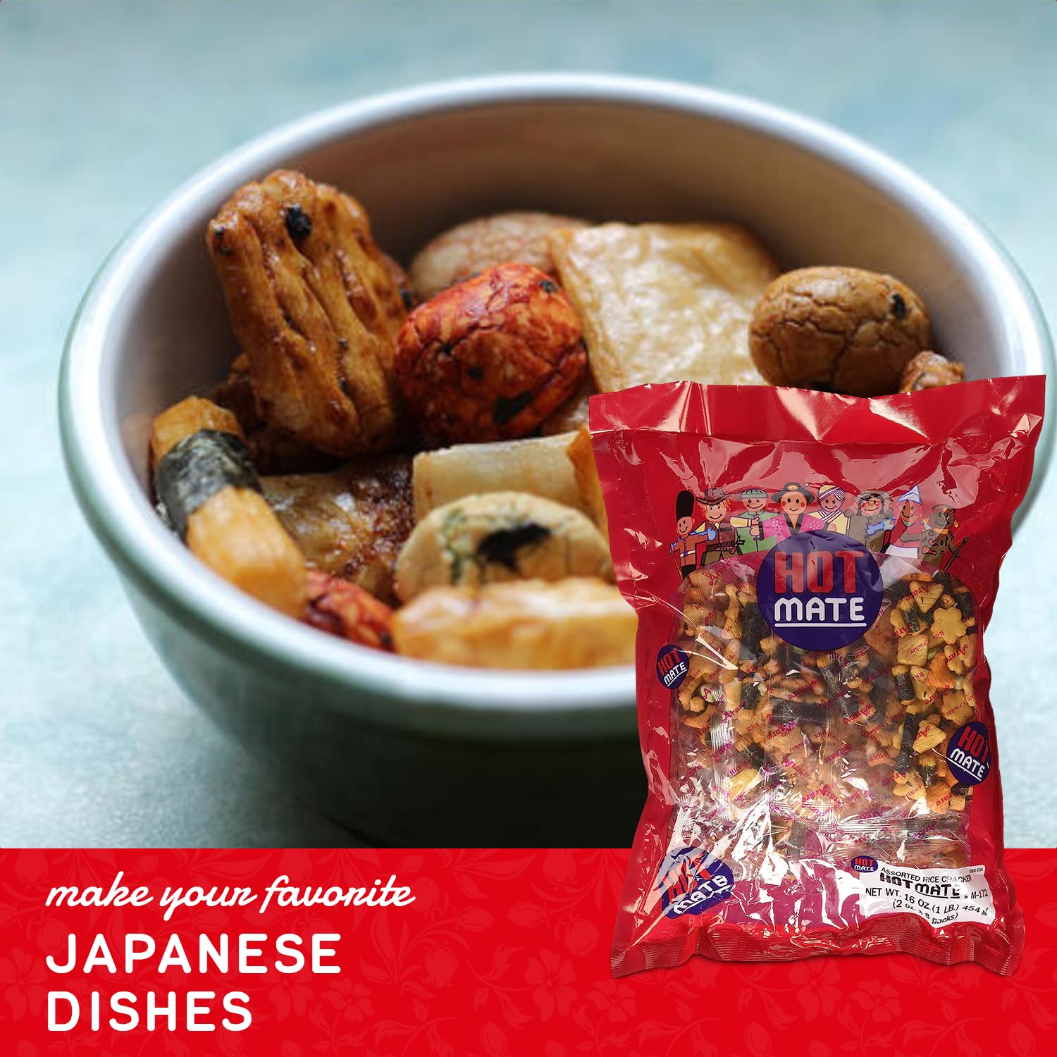 Shirakiku Hot Mate Japanese Rice Cracker | Oriental Asian Arare Rice Crackers with Glutinous Rice, Wasabi Green Peas, and Soy Sauce | Mixed Flavor, 16 oz. (Pack of 1)