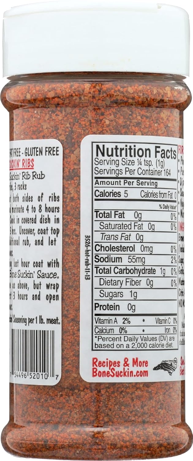 Bone Suckin' Hot Seasoning & Rub, 5.8 Oz - Grilling Rubs, Dry Pork Rub, Gluten-Free, Non-GMO, Kosher, Great on Ribs, Pork, Beef, Chicken, Seafood, Pasta, Vegetables & Even Popcorn! No Msg