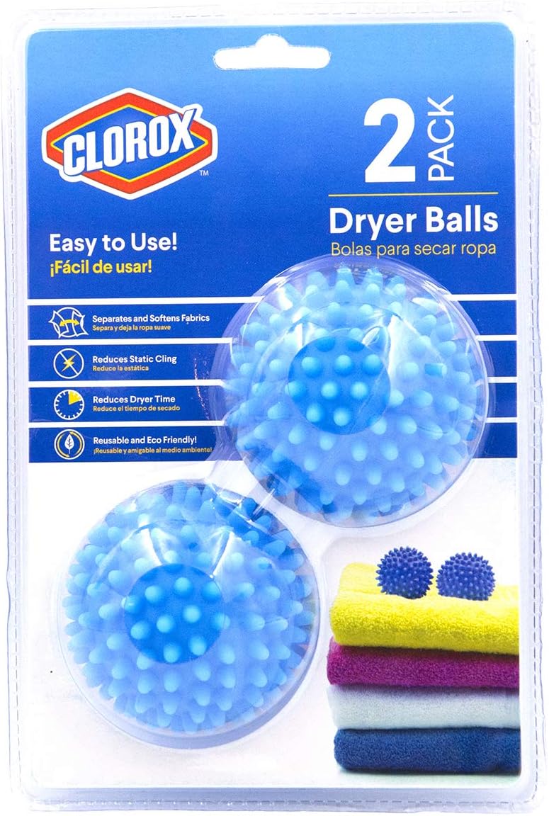 Clorox Reusable Dryer Balls for Laundry – Pack of 2 | Fabric Softener Alternative Anti, Reduces Wrinkles, Clothing Static Cling, and Drying Time, Blue
