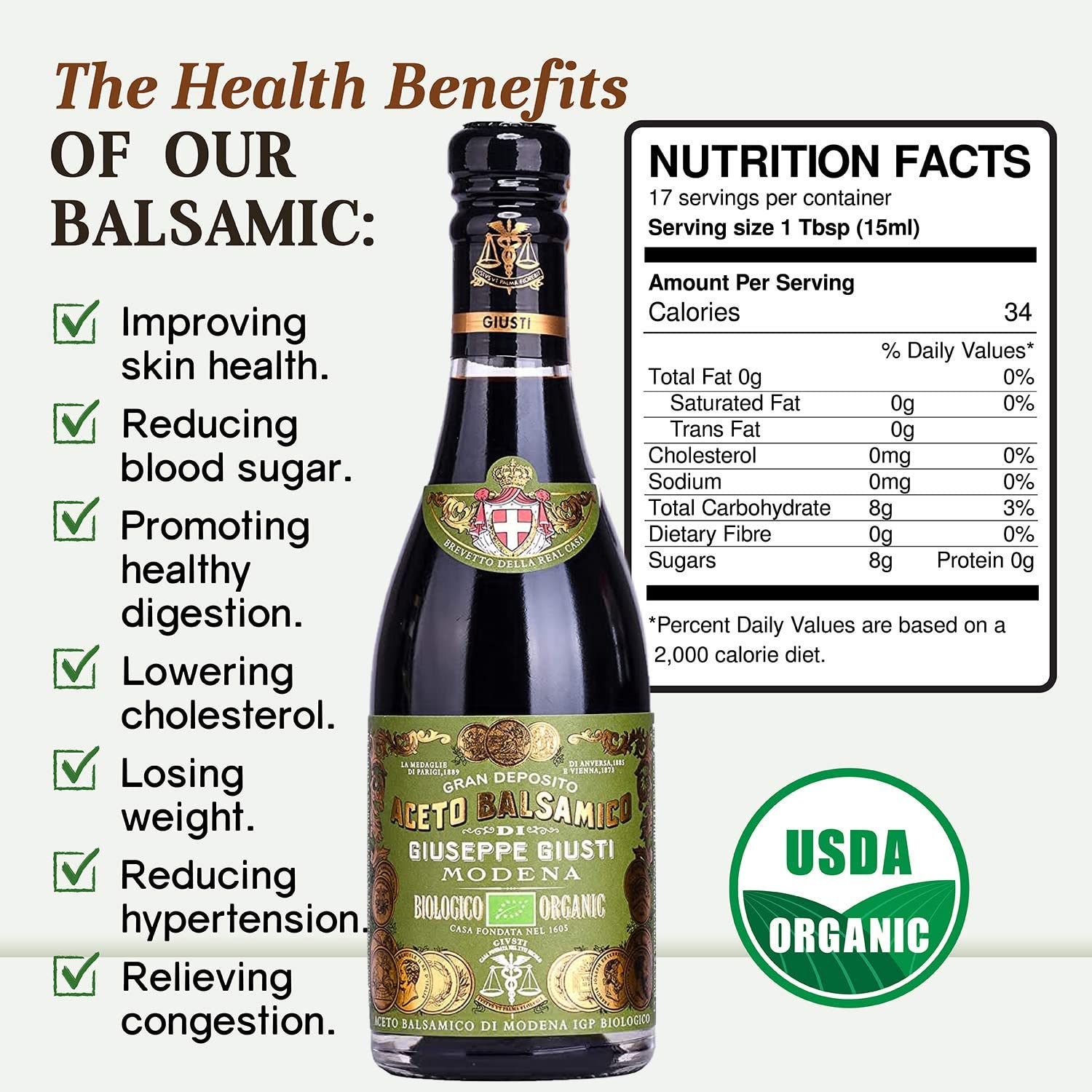 Giuseppe Giusti Organic Italian Balsamic Vinegar of Modena, Italy (Aged 12yr) - IGP Certified, Gourmet Aged Vinegar - Aceto Balsamico di Modena Biologico