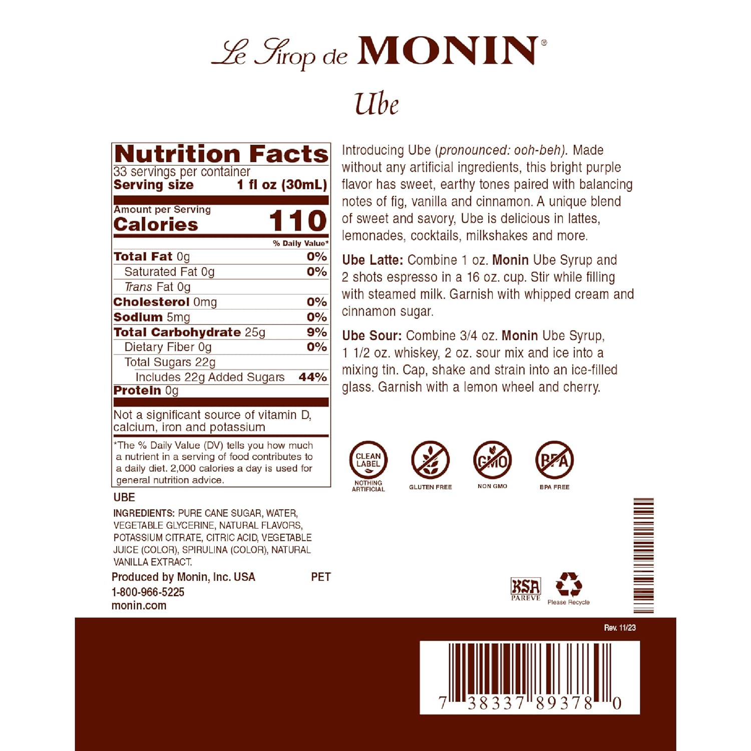 Monin - Ube Blend Syrup, Savory & Sweet, Blended With Notes of Fig, Cinnamon & Vanilla, Great for Lemonades, Boba Tea, & Coffee, Dairy-Free, No Artificial Sweeteners, Gluten-Free (Plastic, 1 Liter)