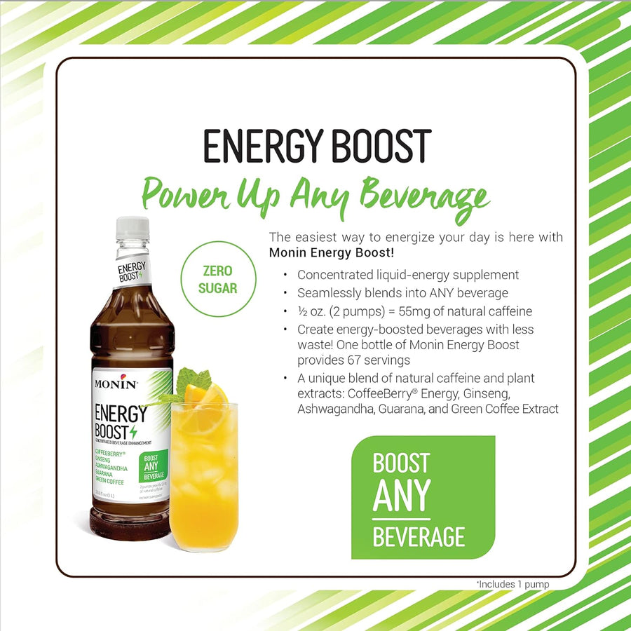Monin - Energy Boost, Liquid Energy Supplement, Subtle Tea Flavor, Zero Added Sugar, Great for Coffee, Soda, & More, Low-Calorie, Contains Natural Caffeine, Gluten-Free, Clean Label (1 Liter + Pump)