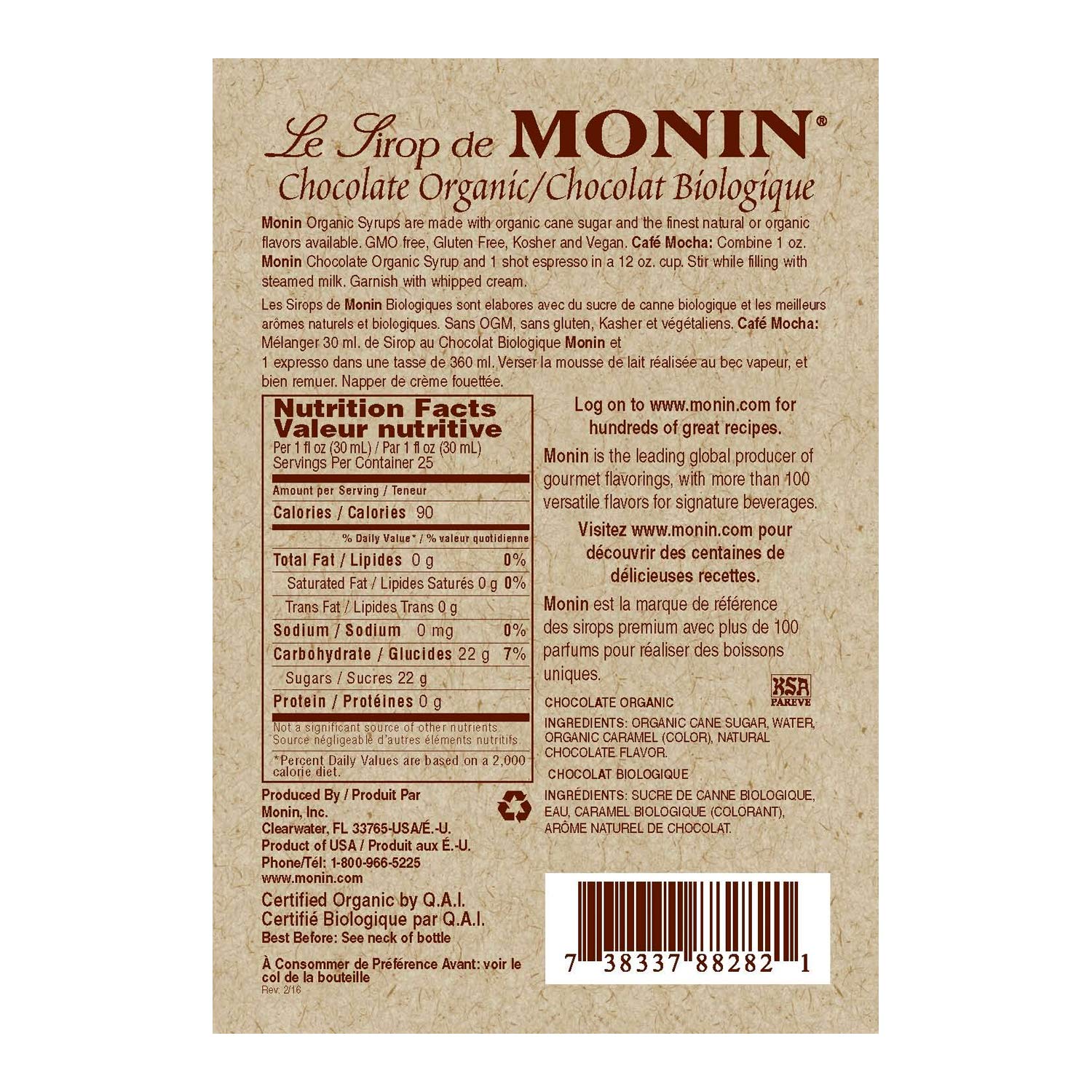 Monin Organic Chocolate Syrup, 750 ml bottle