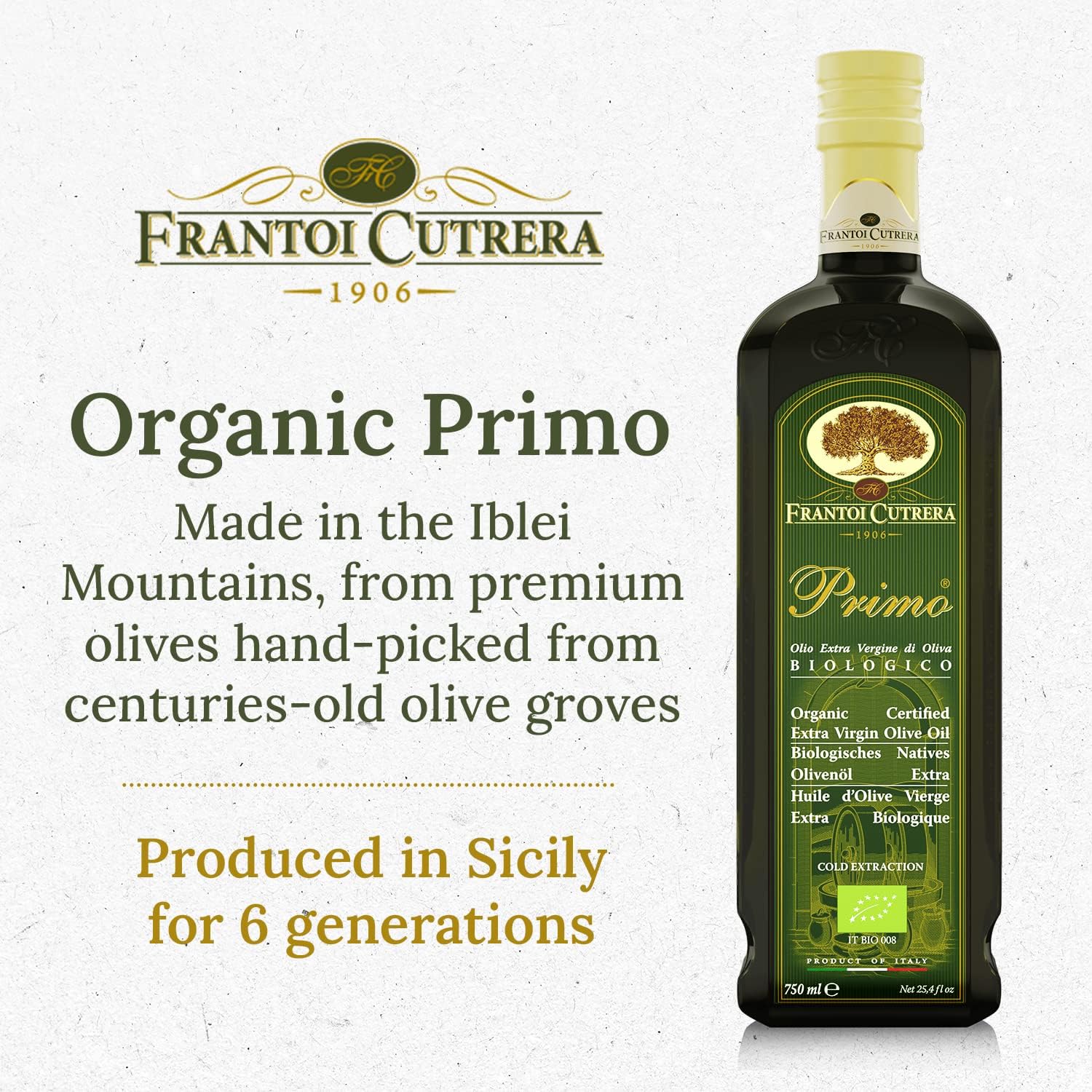 Frantoi Cutrera Primo Cold Extracted Italian Organic Extra Virgin Olive Oil Cold Pressed, Polyphenol Rich Olive Oil, Authentic Certified DOP Sicilian EVOO Imported From Italy, 25.4 fl oz (Pack of 1)