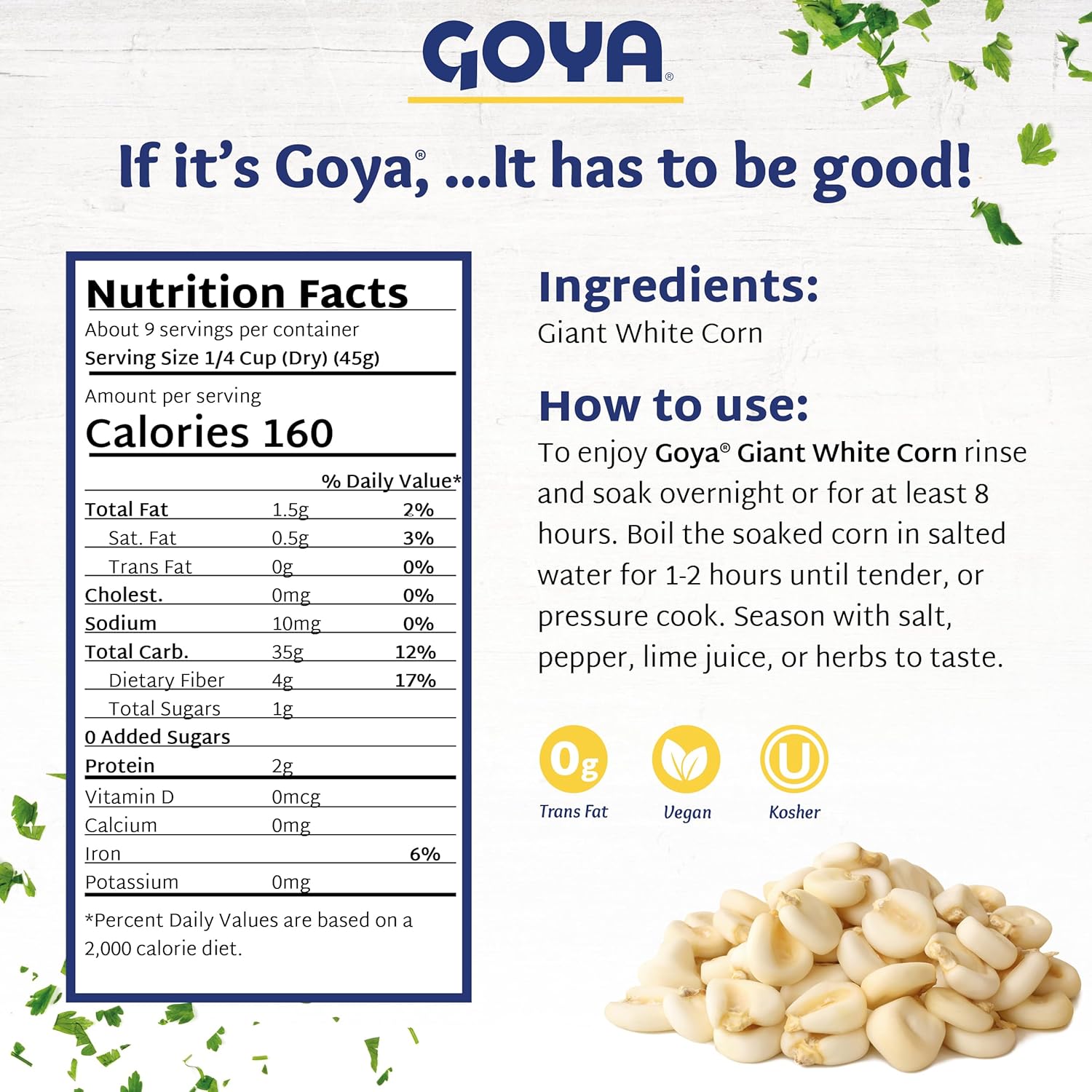 Giant White Corn by Goya, Whole White Hominy, Mexican Corn, Dried White Corn Kernels, Maíz Mote Pelado, 14oz. Bag