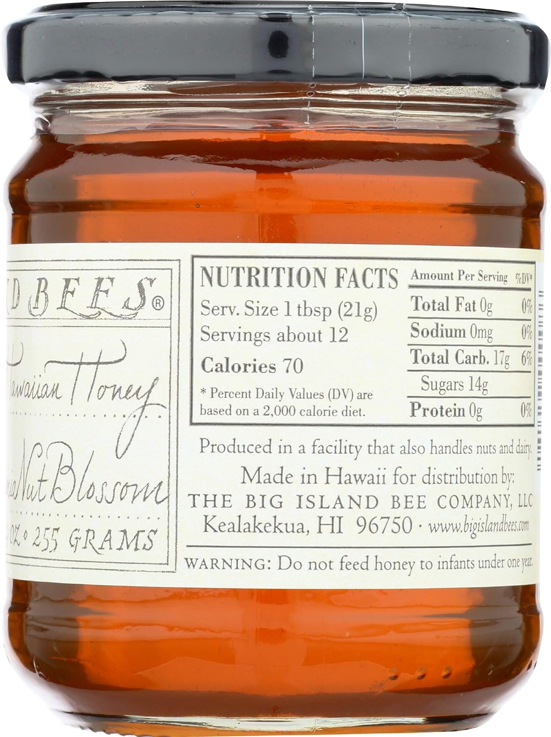 Unheated, Pure, Raw Macadamia Nut Blossom Hawaiian Honey, Single Floral Variety by Big Island Bees (9 oz Glass Jar)