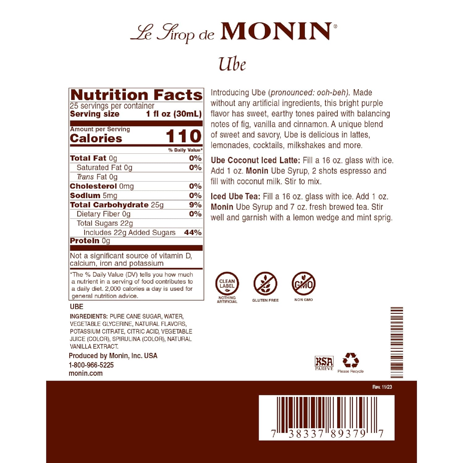 Monin - Ube Blend Syrup, Savory & Sweet, Blended With Notes of Fig, Cinnamon & Vanilla, Great for Lemonades, Boba Tea, & Coffee, Dairy-Free, No Artificial Sweeteners, Gluten-Free (Glass, 750 mL)