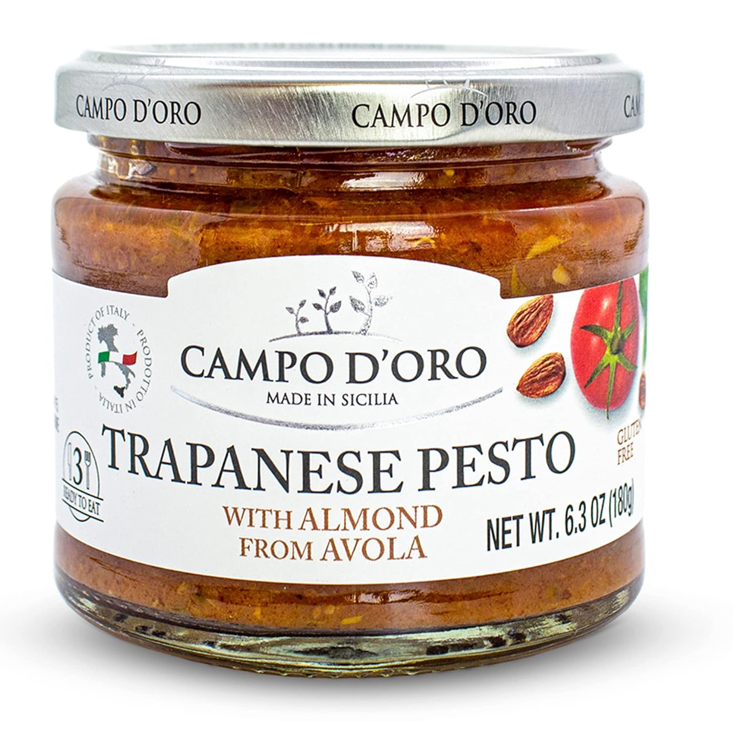 Trapanese Pesto Sauce, made with Tomato Sauce, Basil & Almonds. Italian Specialties. 6.3oz (180g). 100% made in Italy. By Campo D'Oro