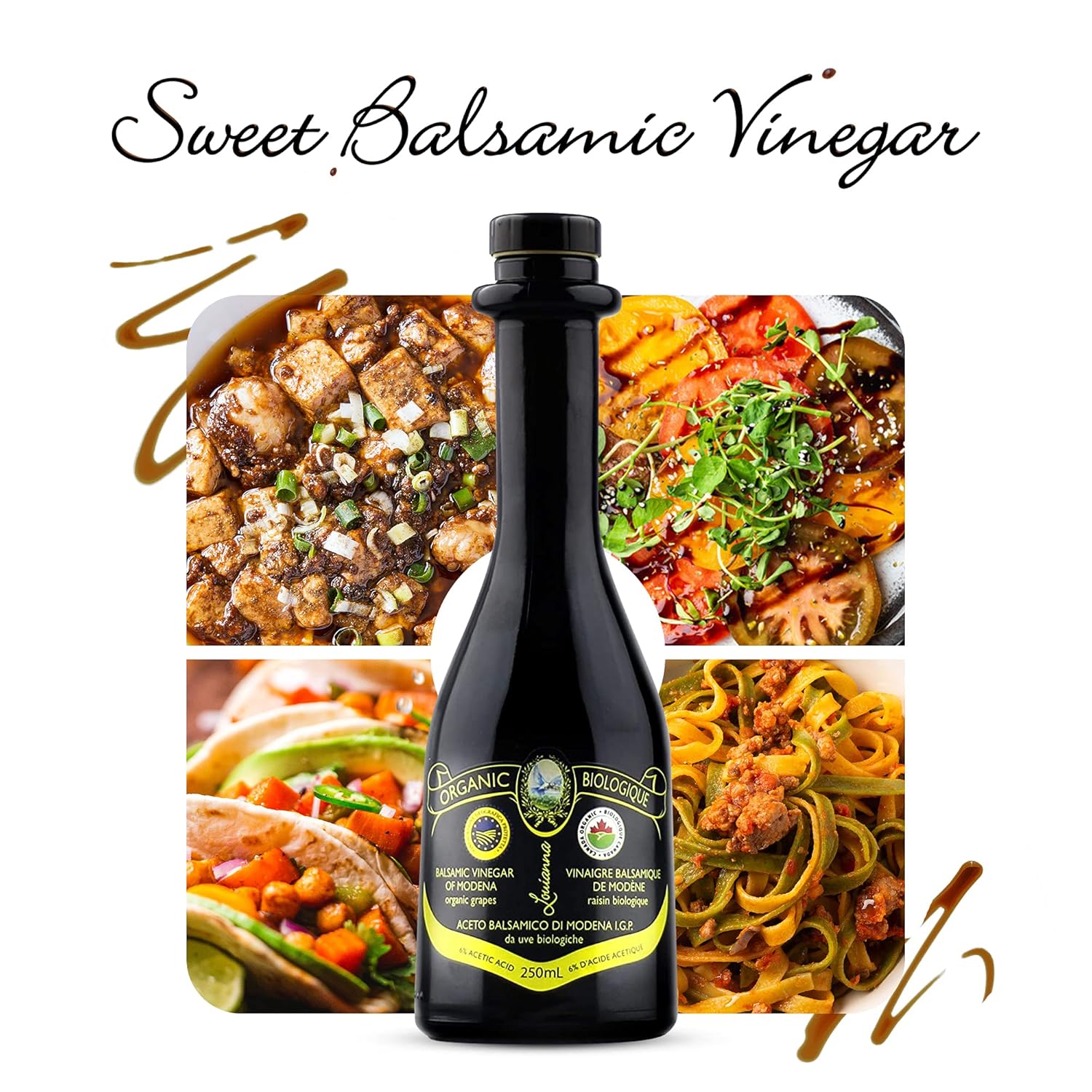 Louianna - Organic Balsamic Vinegar of Modena, High Polyphenol Balsamic Vinegar Dressing, Aged Red Wine Vinegar Made of Trebbiano Grapes, 250 mL