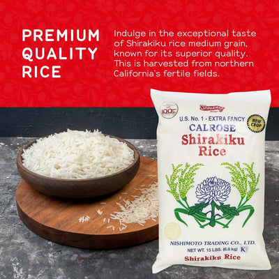 SHIRAKIKU Calrose Rice Medium Grain White Rice - Japanese Premium quality uncooked Milled Rice | Low Calories Perfect for Authentic Asian Cuisine 15 Pound, (Pack of 1)