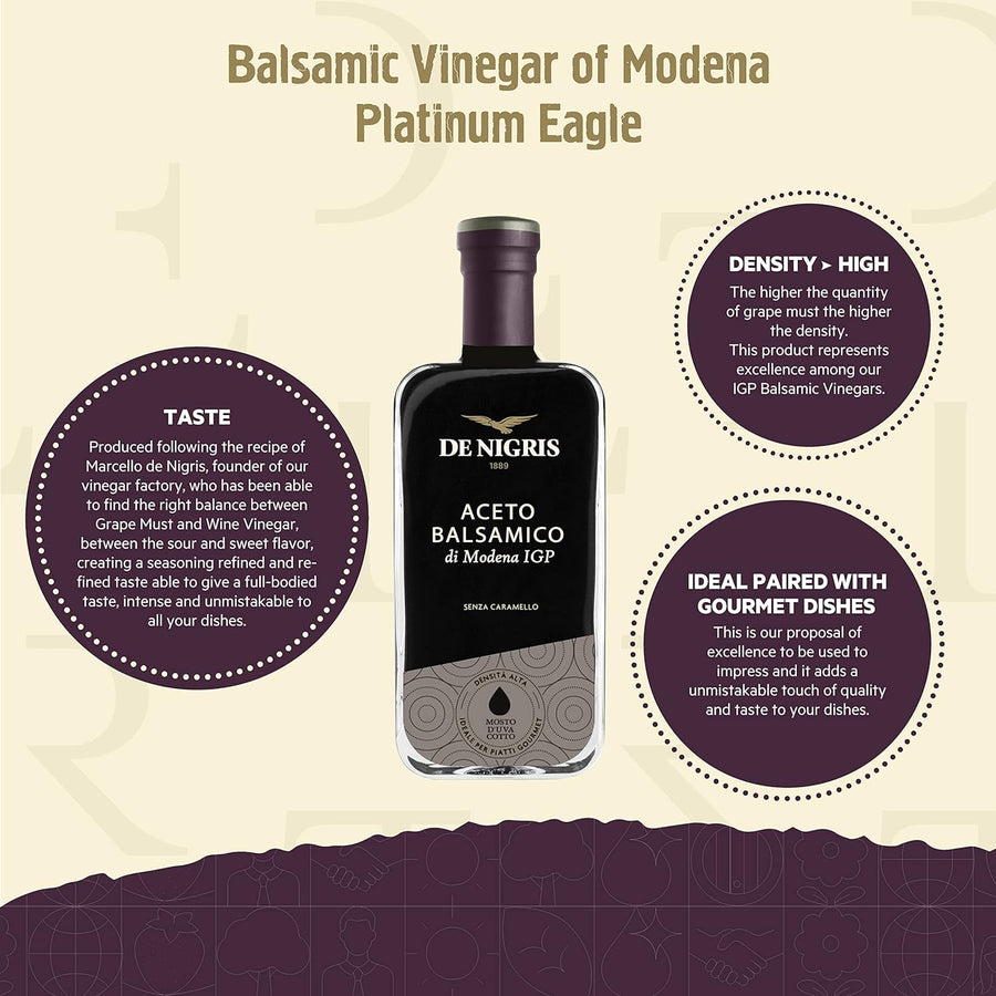 De Nigris Balsamic Vinegar Of Modena Excellence Line - Platinum Eagle (65% Grape Must) 8,5 Oz (250ml) | Balsamic Vinegar From Modena Italy, Sublime And Full-bodied Taste | Balsamic Vinegar Aged