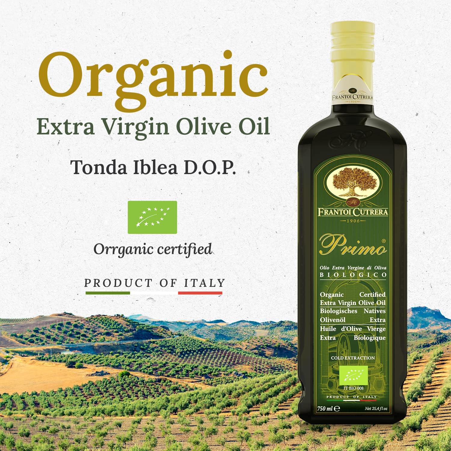 Frantoi Cutrera Primo Cold Extracted Italian Organic Extra Virgin Olive Oil Cold Pressed, Polyphenol Rich Olive Oil, Authentic Certified DOP Sicilian EVOO Imported From Italy, 25.4 fl oz (Pack of 1)
