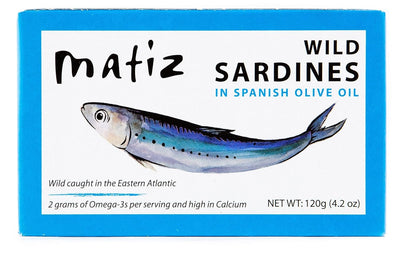 Matiz Sardines in Olive Oil, 4.2 Ounce Can, Spanish Gourmet Wild Caught Natural Fish for Tapas, Snacks, or Meals, Protein Rich, Sealed Freshness