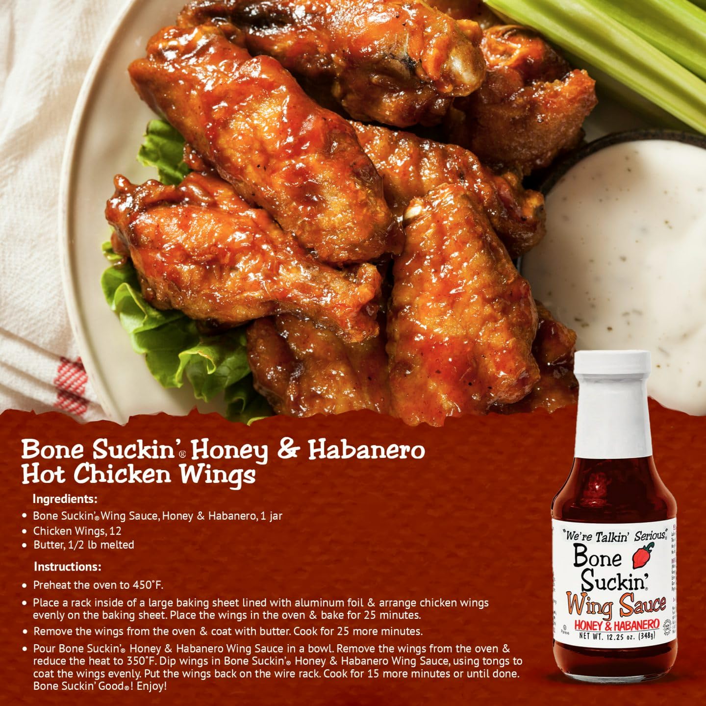 Bone Suckin' Honey & Habanero Wing Sauce: For Chicken Wings, Turkey Wings & Also Great For Ribs, Chicken, Pork, Beef - Gluten Free, Sweetened With Honey & Molasses, In Glass Bottle, 12.25oz - 1 Pc
