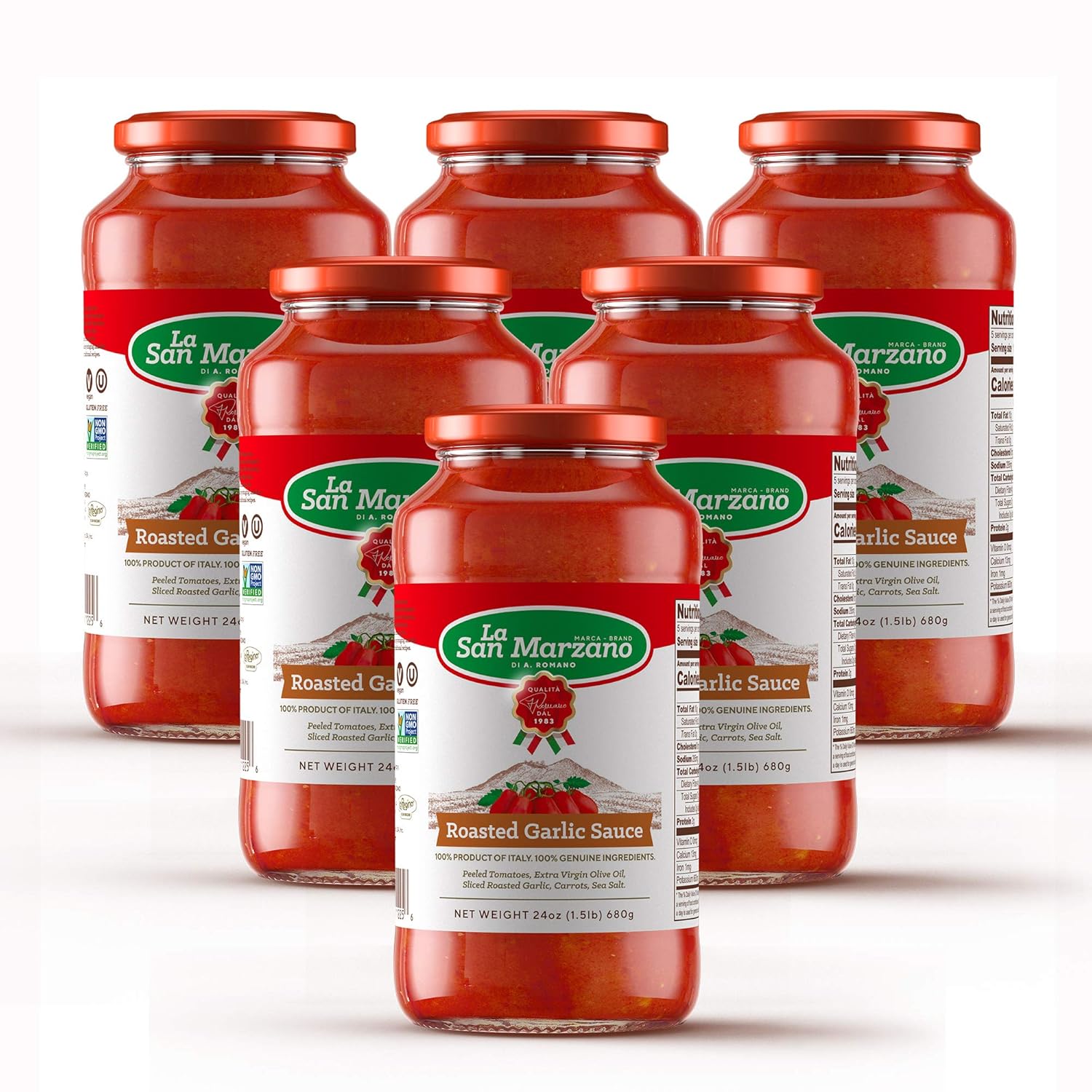 La San Marzano - Roasted Garlic Sauce - Pasta Sauce with 100% Italian Tomatoes Made in Italy - Peeled Tomatoes with Fresh and Natural Ingredients Non GMO Tomatoes, Vegan, Gluten Free, Kosher, Mediterranean Diet 24 Ounce Jar Pack 1