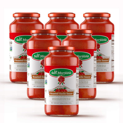 La San Marzano - Roasted Garlic Sauce - Pasta Sauce with 100% Italian Tomatoes Made in Italy - Peeled Tomatoes with Fresh and Natural Ingredients Non GMO Tomatoes, Vegan, Gluten Free, Kosher, Mediterranean Diet 24 Ounce Jar Pack 1