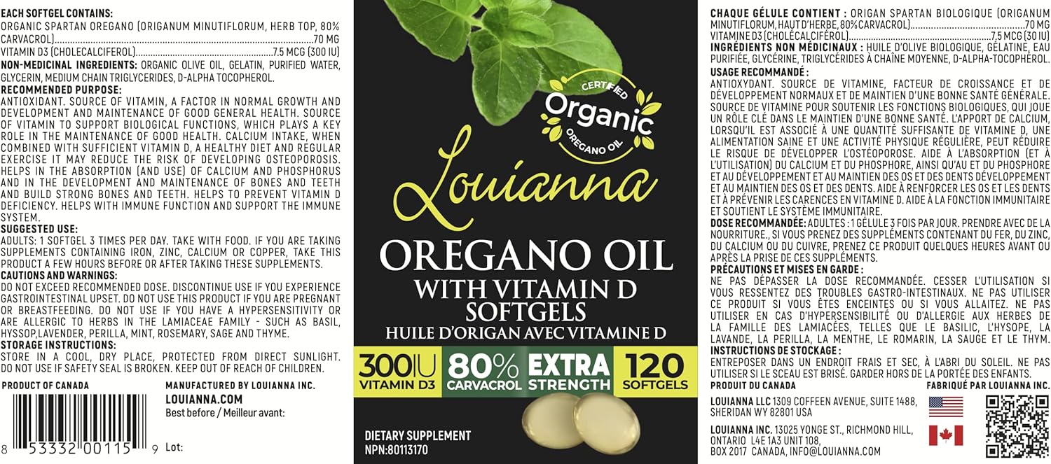 Organic Wild Oregano Oil with Vitamin D, Liquid Softgel Capsules with 80 Percent Carvacrol, Supports Your Bones, Immune and Gut Health, Herbal Supplements, 120 Softgels