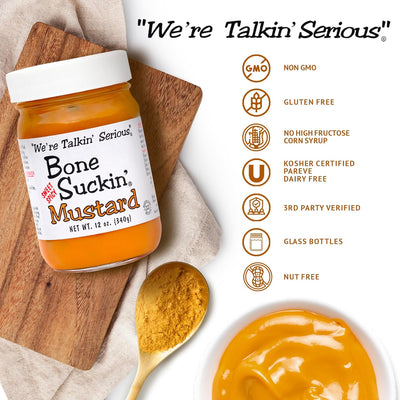 Bone Suckin' Sauce Mustard, Non GMO, Gluten and Fat Free, Great Tasting Condiment, National Champion, World Mustard Museum (12 Ounce, Sweet Spicy)