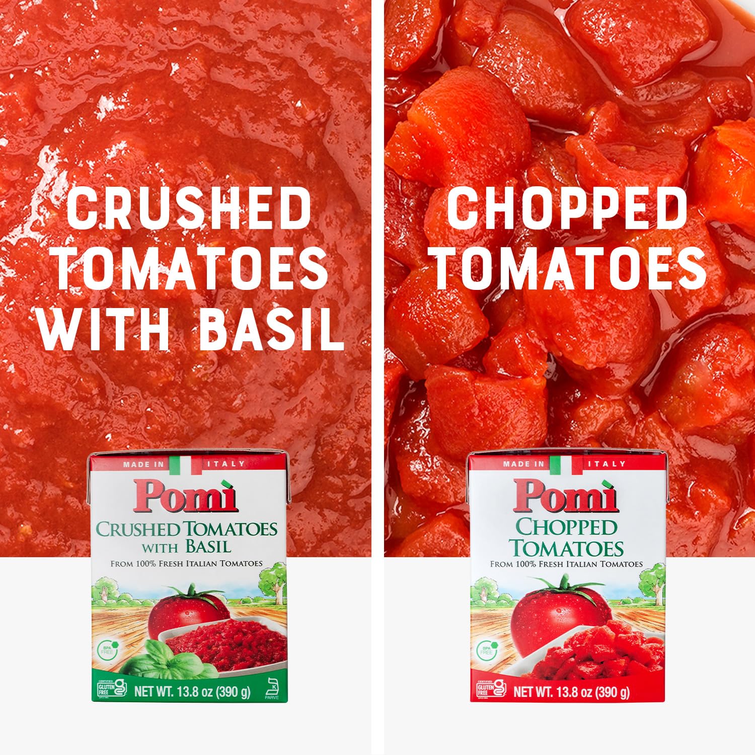 Pomì Crushed Tomatoes with Basil - Creamy, Velvety Italian Tomato Sauce No Salt Added, No Additives or Preservatives Tomato Crushed - Made from 100% Fresh Italian Tomatoes - 13.8oz