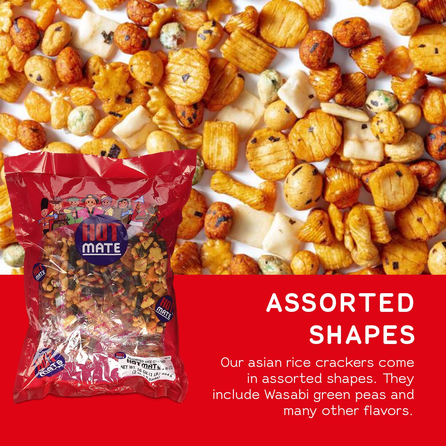 Shirakiku Hot Mate Japanese Rice Cracker | Oriental Asian Arare Rice Crackers with Glutinous Rice, Wasabi Green Peas, and Soy Sauce | Mixed Flavor, 16 oz. (Pack of 1)