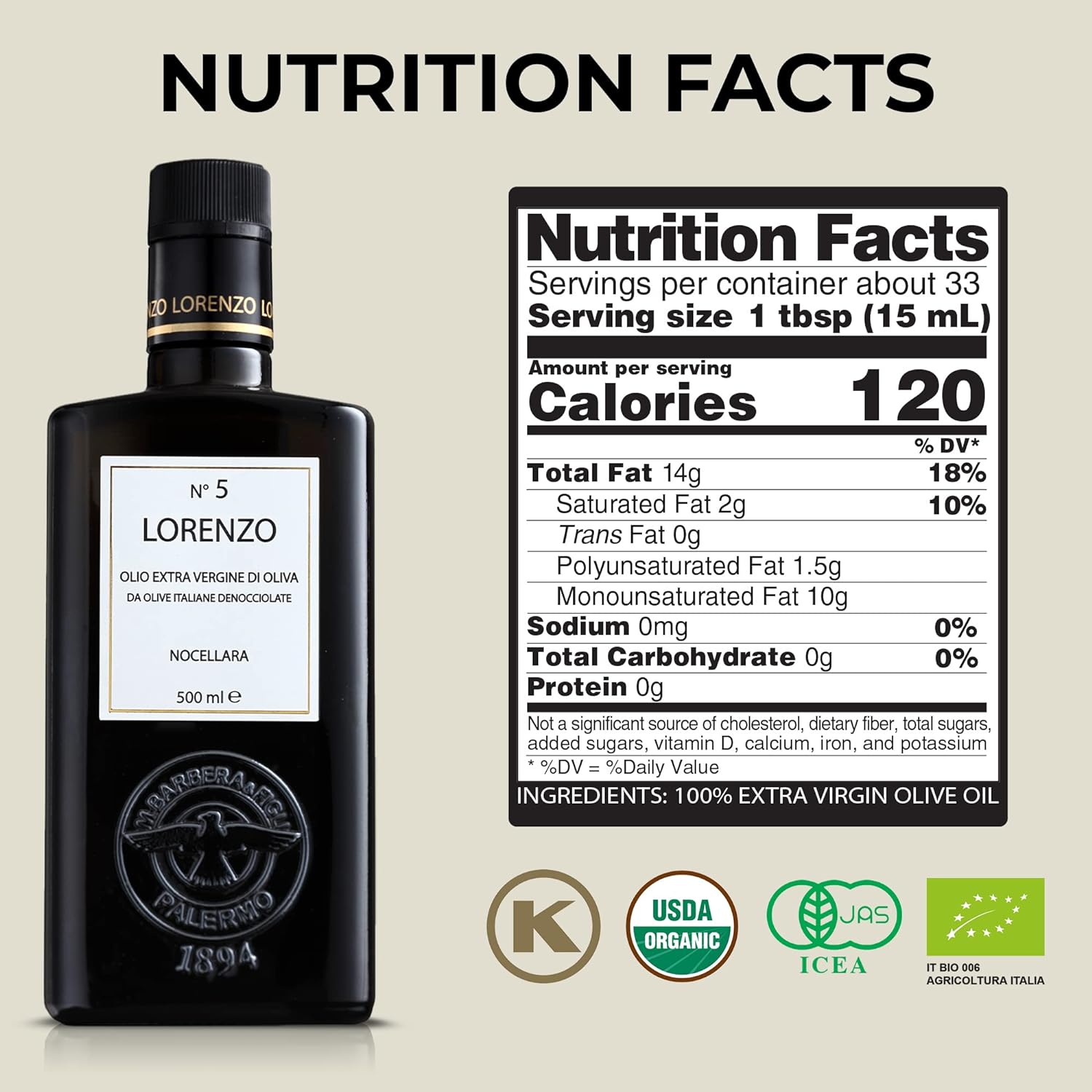 Barbera Lorenzo #5 Extra Virgin Olive Oil Fruity, Soft Nocellara del Belice Olive Flavor, Cold Extracted Authentic Sicilian Olive Oil, Fresh Harvest Imported Olive Oil From Italy 16.9 oz - Pack of 1