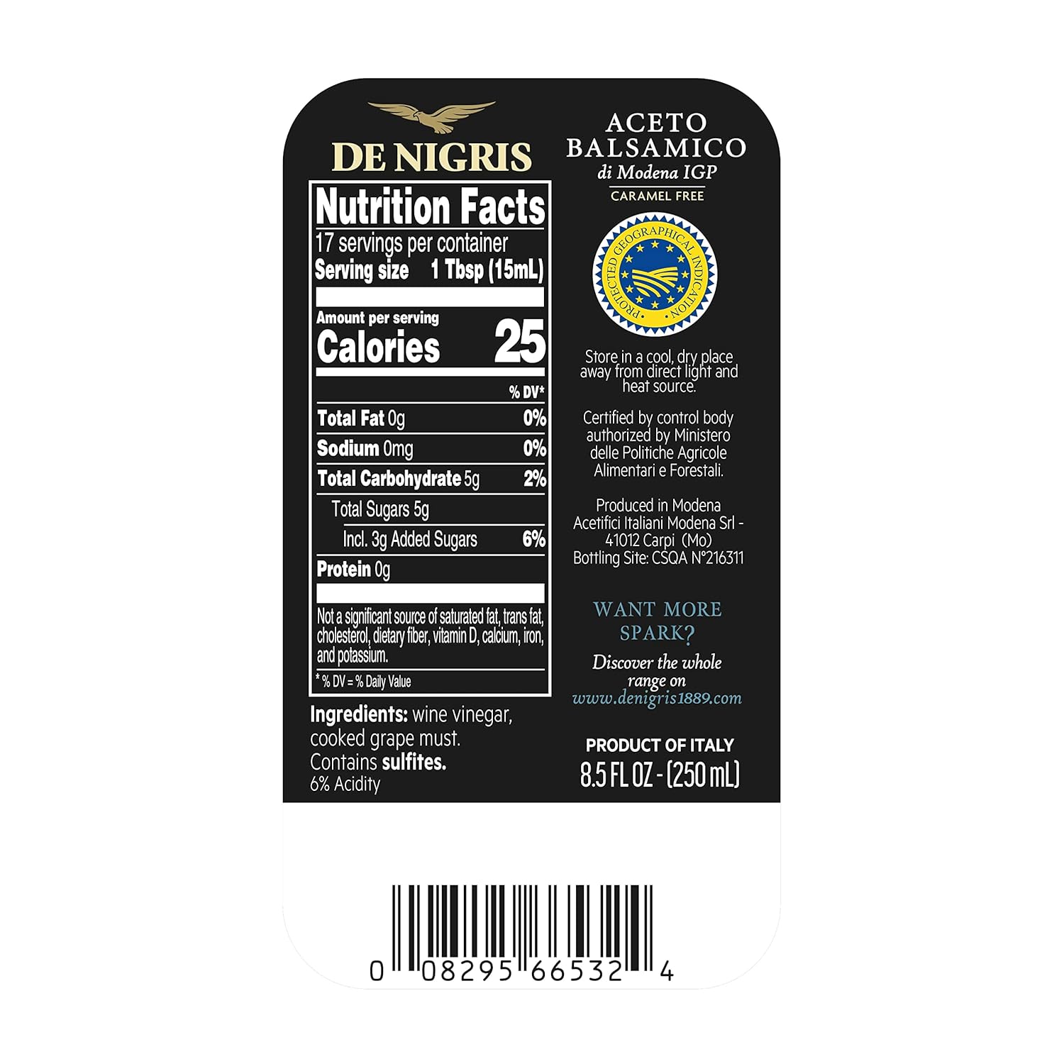 De Nigris Balsamic Vinegar Of Modena Excellence Line - Silver Eagle (45% Grape Must) 8,5 Oz (250ml) | Balsamic Vinegar From Modena Italy, Strong And Velvety Taste | Balsamic Vinegar Aged