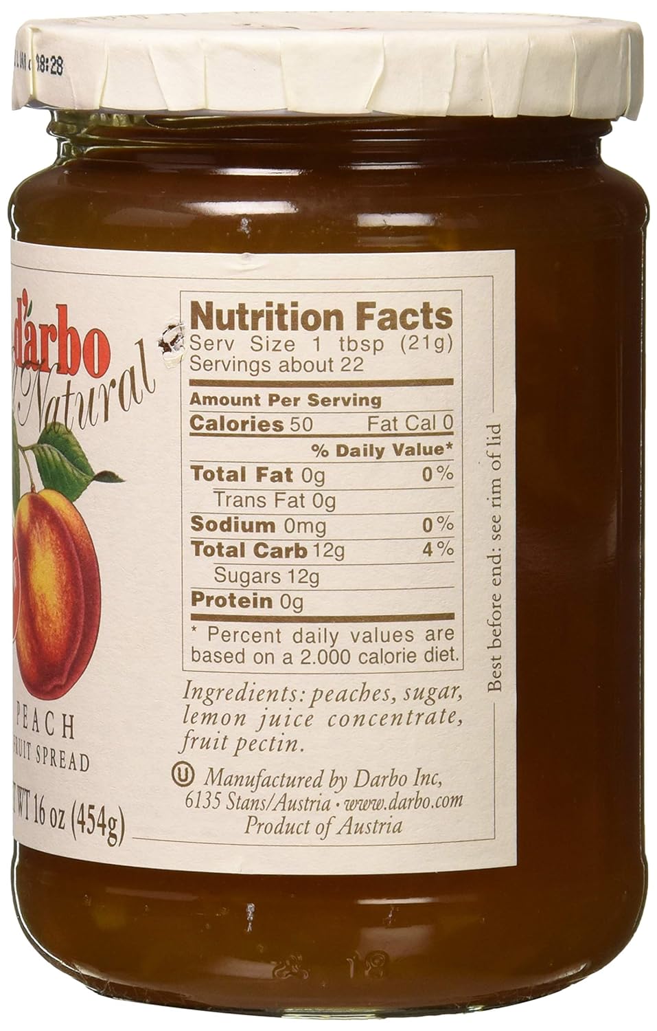 d'arbo All Natural Peach Fruit Spread, 16 Ounce