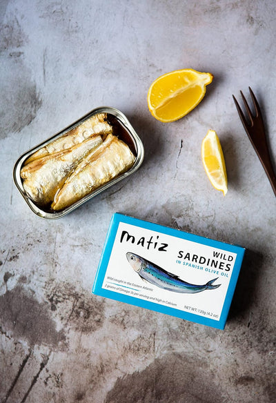 Matiz Sardines in Olive Oil, 4.2 Ounce Can, Spanish Gourmet Wild Caught Natural Fish for Tapas, Snacks, or Meals, Protein Rich, Sealed Freshness