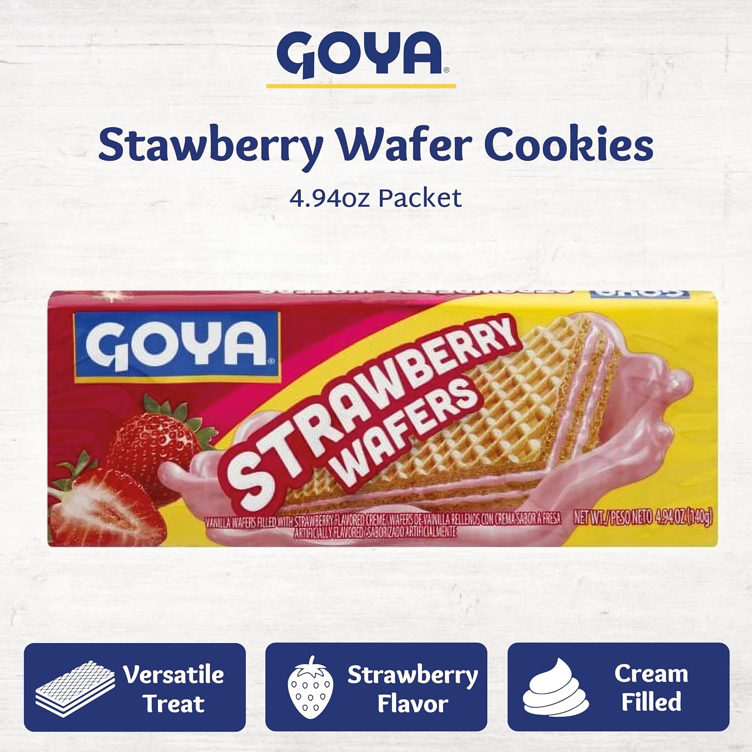 Strawberry Wafer Cookies by Goya, Light and Crisp Wafer Cookies, Sweet Snacks for School and Work, Lunch Box Treats, Baked Goods, 4.94 oz.