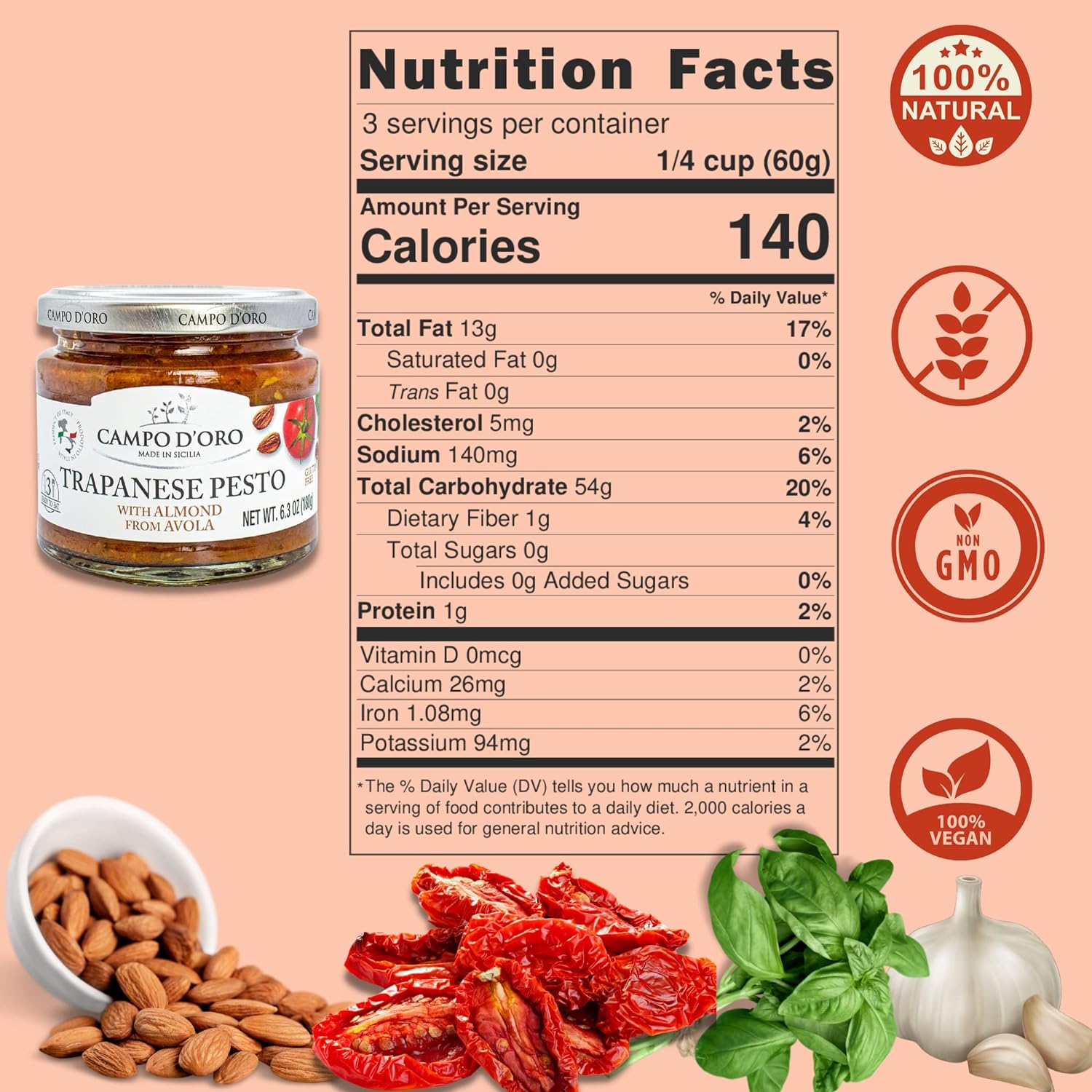 Trapanese Pesto Sauce, made with Tomato Sauce, Basil & Almonds. Italian Specialties. 6.3oz (180g). 100% made in Italy. By Campo D'Oro