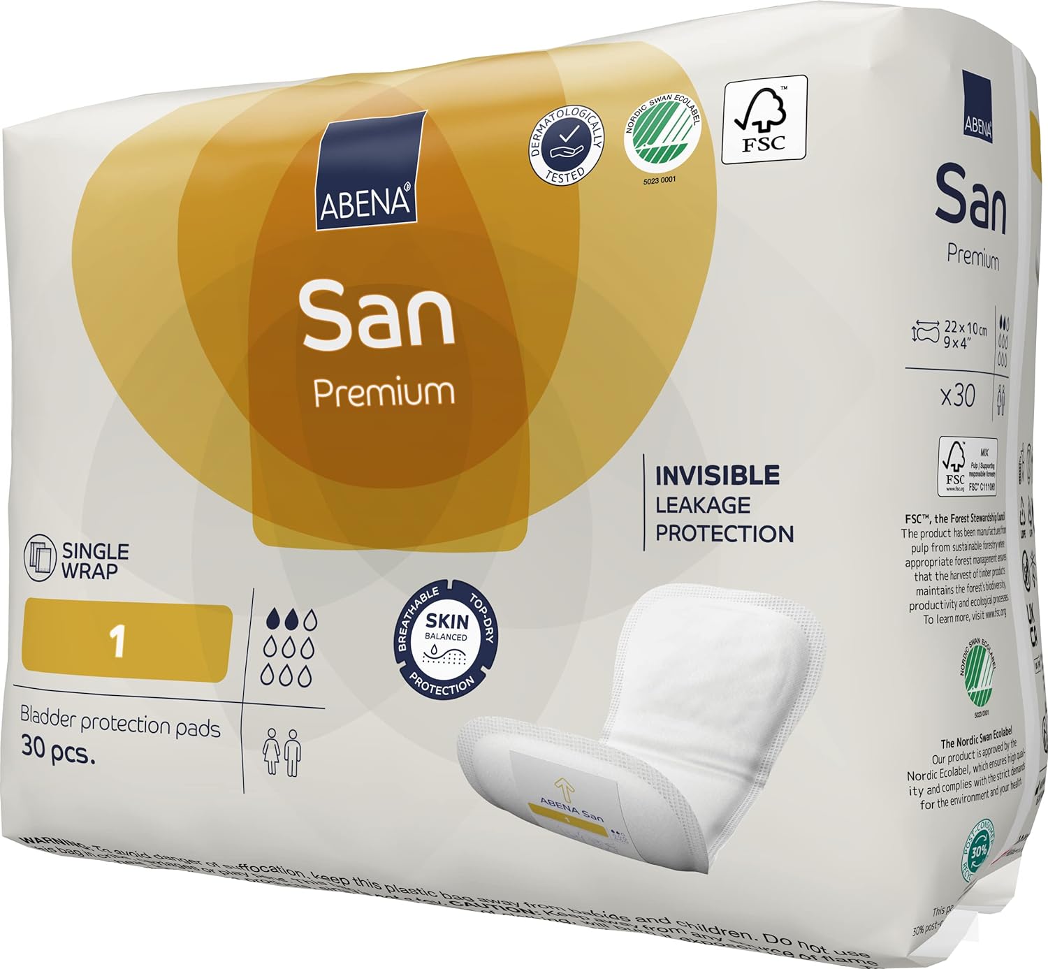 Abena San Premium Incontinence Pads, Light Absorbency, (Sizes 1 to 3A), Size 1, 30 Count