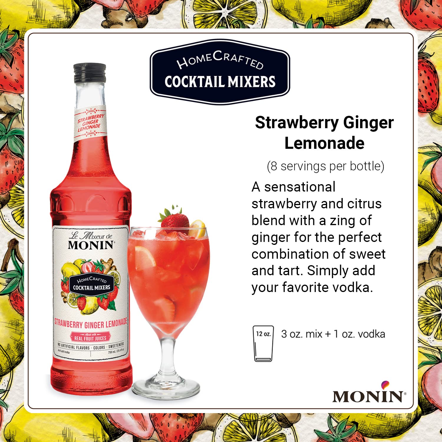 Monin - HomeCrafted Strawberry Ginger Lemonade Cocktail Mixer, Ready-to-Use Drink Mix, Refreshingly Sweet & Tart Flavor, Just Add Vodka, Perfect for Cocktails & Iced & Frozen Beverages (750 ml)