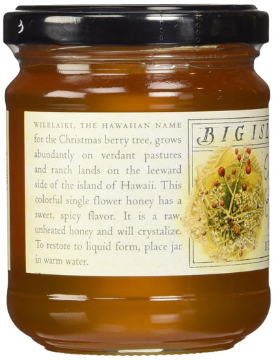 Organic Wilelaiki (Hawaiian Christmas Berry) Raw Honey, Single Floral Variety by Big Island Bees (9 oz Glass Jar)