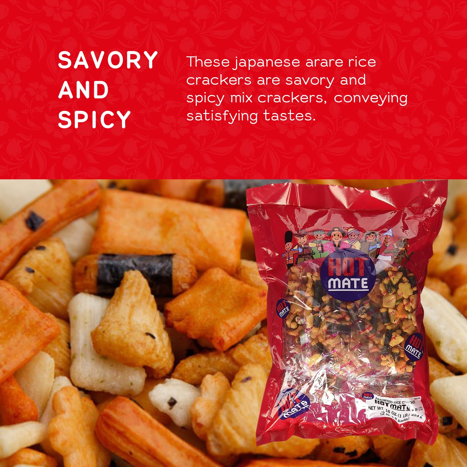 Shirakiku Hot Mate Japanese Rice Cracker | Oriental Asian Arare Rice Crackers with Glutinous Rice, Wasabi Green Peas, and Soy Sauce | Mixed Flavor, 16 oz. (Pack of 1)