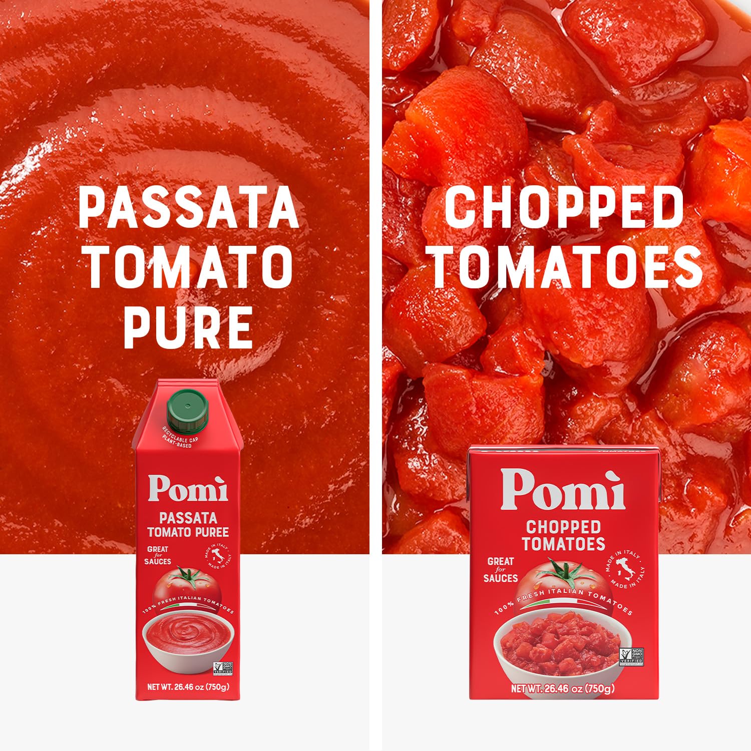 Pomì Tomato Passata 26.46oz Carton - Creamy, Velvety Italian Tomato Puree with a Touch of Salt, No Additives or Preservatives