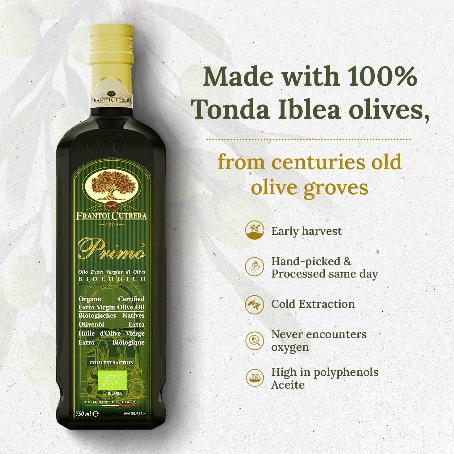 Frantoi Cutrera Primo Cold Extracted Italian Organic Extra Virgin Olive Oil Cold Pressed, Polyphenol Rich Olive Oil, Authentic Certified DOP Sicilian EVOO Imported From Italy, 25.4 fl oz (Pack of 1)