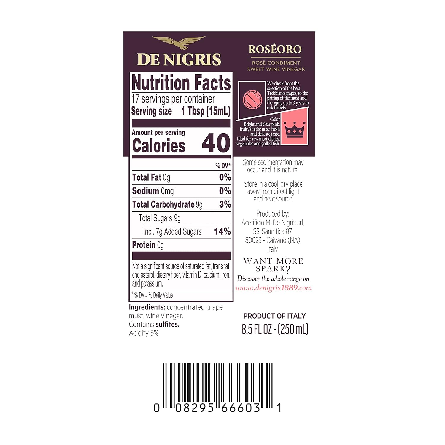 De Nigris Excellence Line - Roseoro Sweet Red Wine Vinegar 8,5 Oz (250ml) | with Balsamic Vinegar From Modena Italy, Sweet And Sour Condiment | Aged