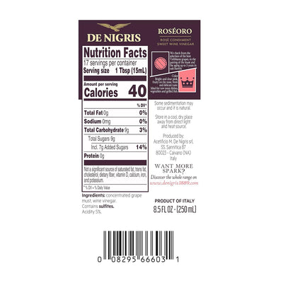 De Nigris Excellence Line - Roseoro Sweet Red Wine Vinegar 8,5 Oz (250ml) | with Balsamic Vinegar From Modena Italy, Sweet And Sour Condiment | Aged