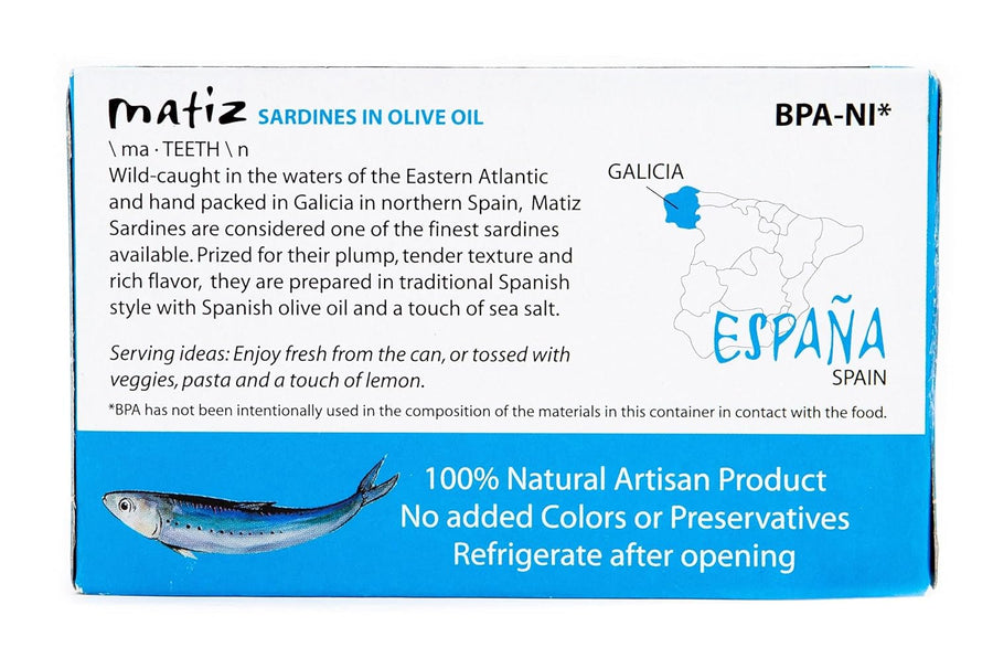 Matiz Sardines in Olive Oil, 4.2 Ounce Can, Spanish Gourmet Wild Caught Natural Fish for Tapas, Snacks, or Meals, Protein Rich, Sealed Freshness