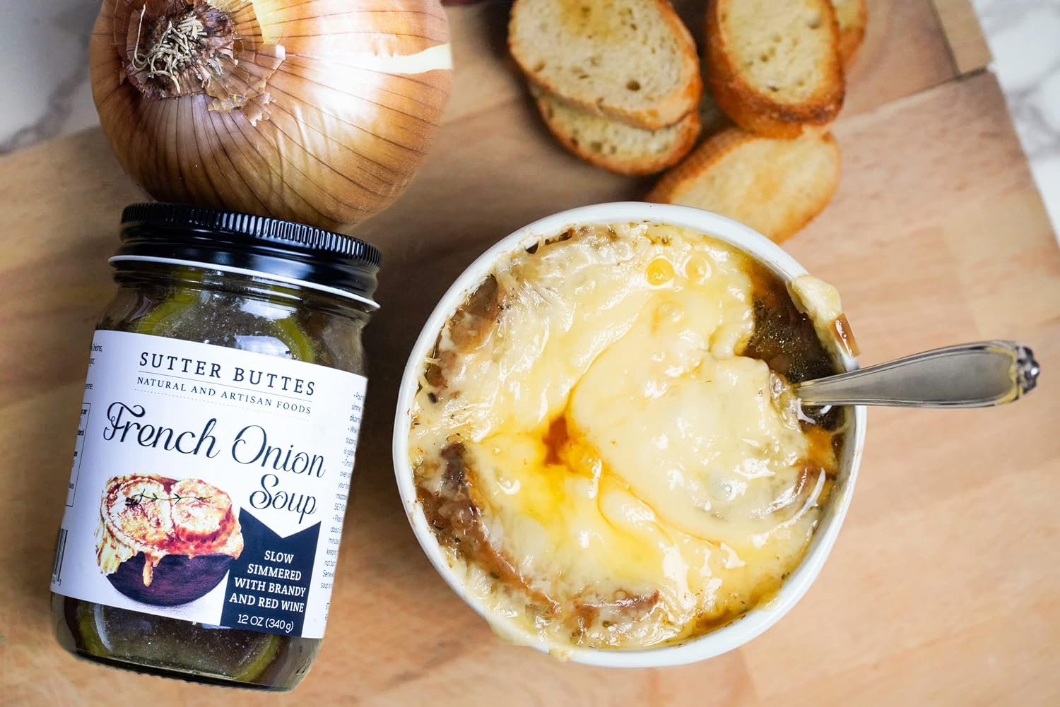 Sutter Buttes French Onion Soup - Award Winning - Slow Simmered with Brandy and Red Wine - 16 Ounce Jar