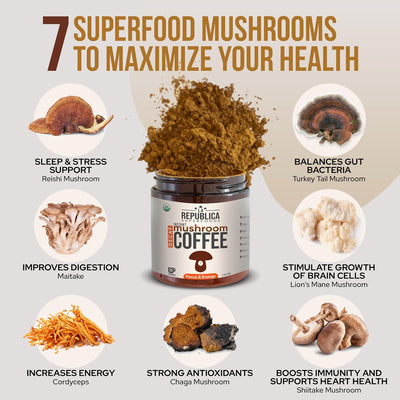 La Republica Organic Decaf Mushroom Coffee with 7 Superfood Shrooms, Water-Processed Instant Coffee with Lion's Mane, Reishi, Chaga, Cordyceps, Shiitake, Maitake, and Turkey Tail (Decaffeinated)