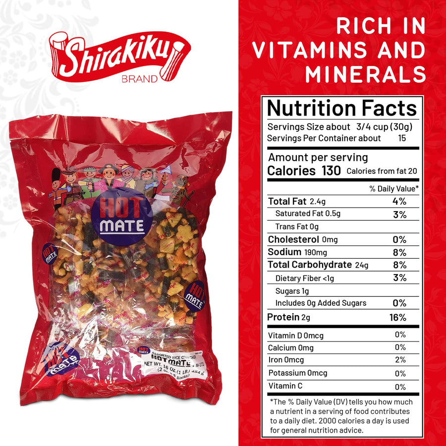 Shirakiku Hot Mate Japanese Rice Cracker | Oriental Asian Arare Rice Crackers with Glutinous Rice, Wasabi Green Peas, and Soy Sauce | Mixed Flavor, 16 oz. (Pack of 1)