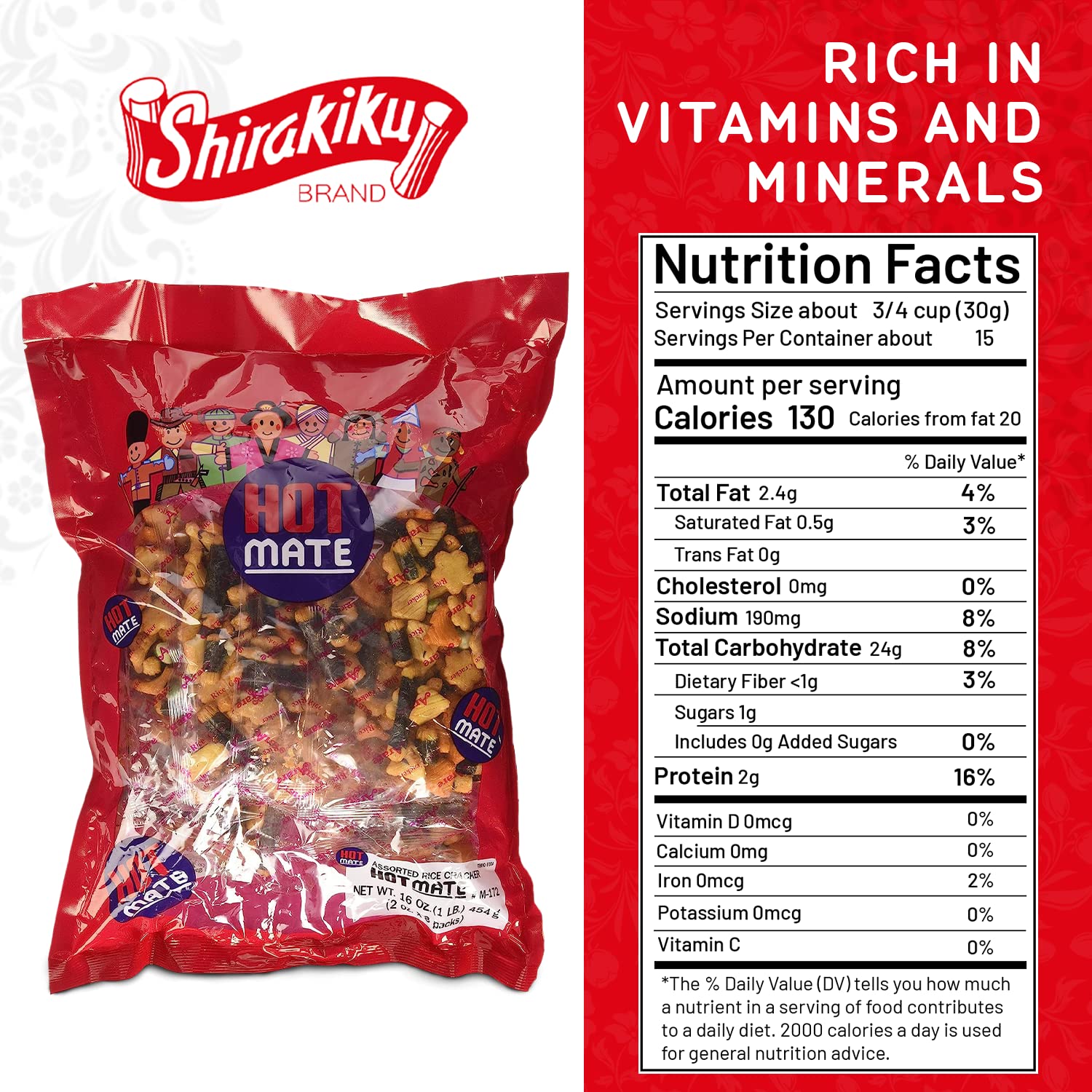 Shirakiku Hot Mate Japanese Rice Cracker | Oriental Asian Arare Rice Crackers with Glutinous Rice, Wasabi Green Peas, and Soy Sauce | Mixed Flavor, 16 oz. (Pack of 1)