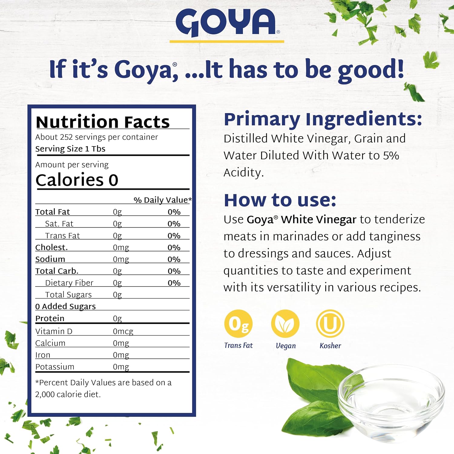 Distilled White Vinegar by Goya, Cooking and Cleaning Vinegar, 1 Vinegar Gallon, Bulk