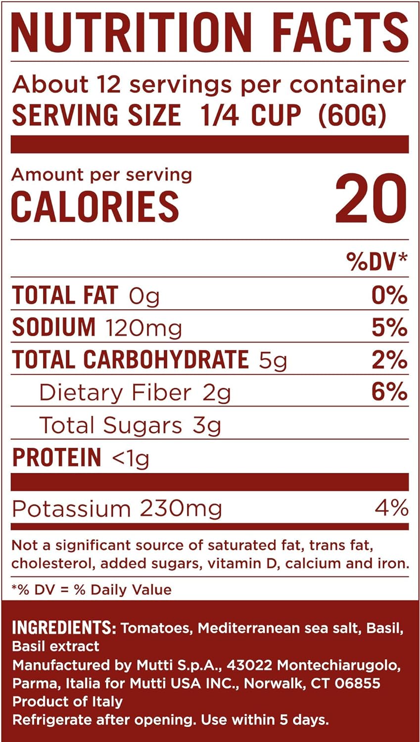 Mutti — 24.5 oz. Tomato Puree with Fresh Basil (Passata con Basilico) from Italy’s #1 Tomato Brand. Sweet and velvety for recipes calling for Pureed Tomatoes.