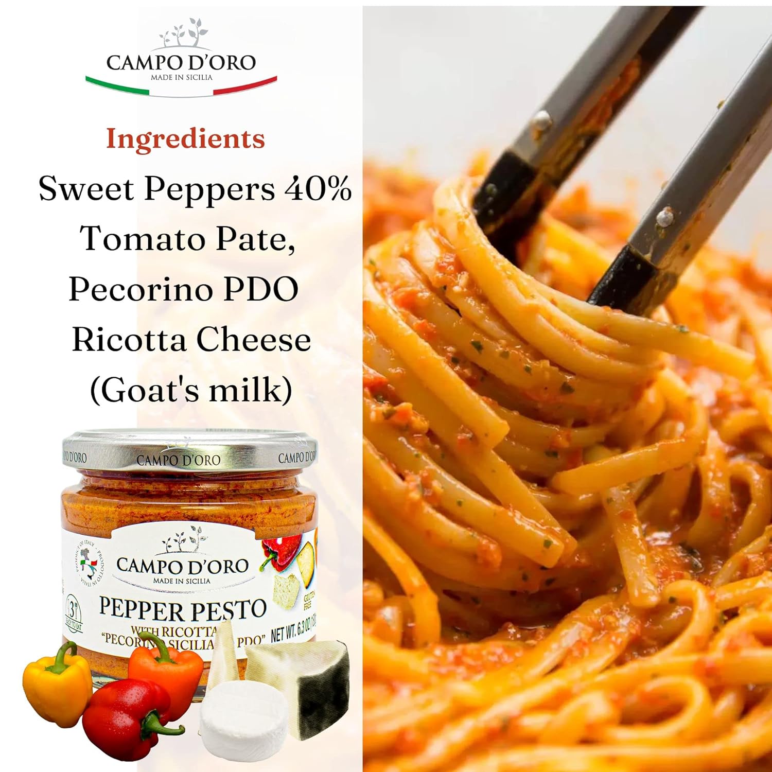 Sicilian Pepper Pesto with Ricotta and Pecorino, Glass Jar 6,3 oz. Campo D'Oro, Italian specialties. Sicilian ready sauce with Sicilian peppers, ricotta and Pecorino. 100% Made in Italy